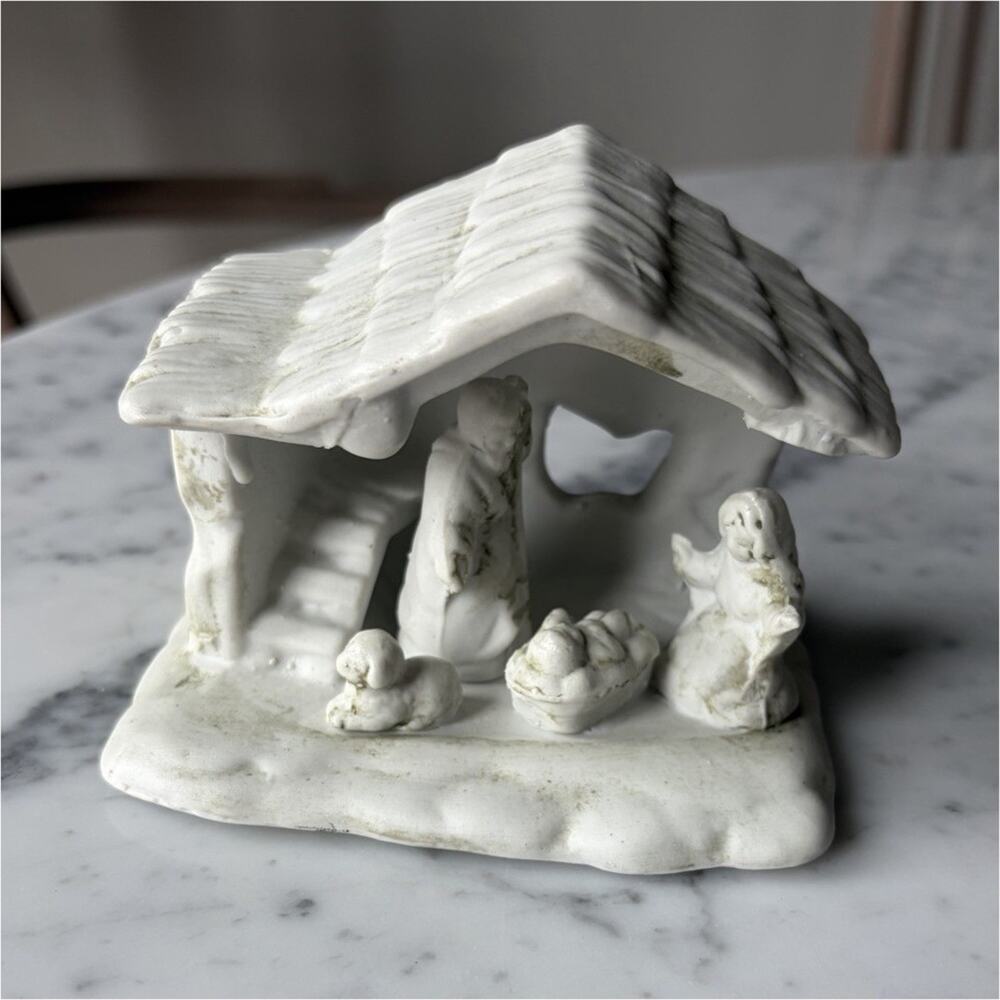 White Ceramic Nativity Scene Figurine Stable Christmas Collectible